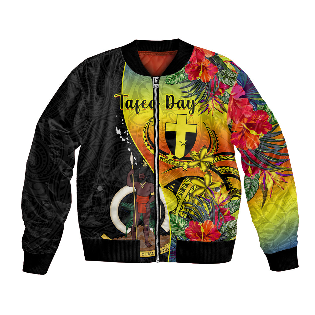 Vanuatu Tafea Day Bomber Jacket Coat Of Arms Mix Tropical Flowers LT14 Unisex Black - Polynesian Pride