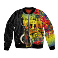 Vanuatu Tafea Day Bomber Jacket Coat Of Arms Mix Tropical Flowers LT14 Unisex Black - Polynesian Pride