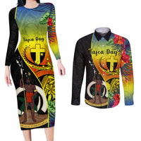 vanuatu-tafea-day-couples-matching-long-sleeve-bodycon-dress-and-long-sleeve-button-shirts-coat-of-arms-mix-tropical-flowers