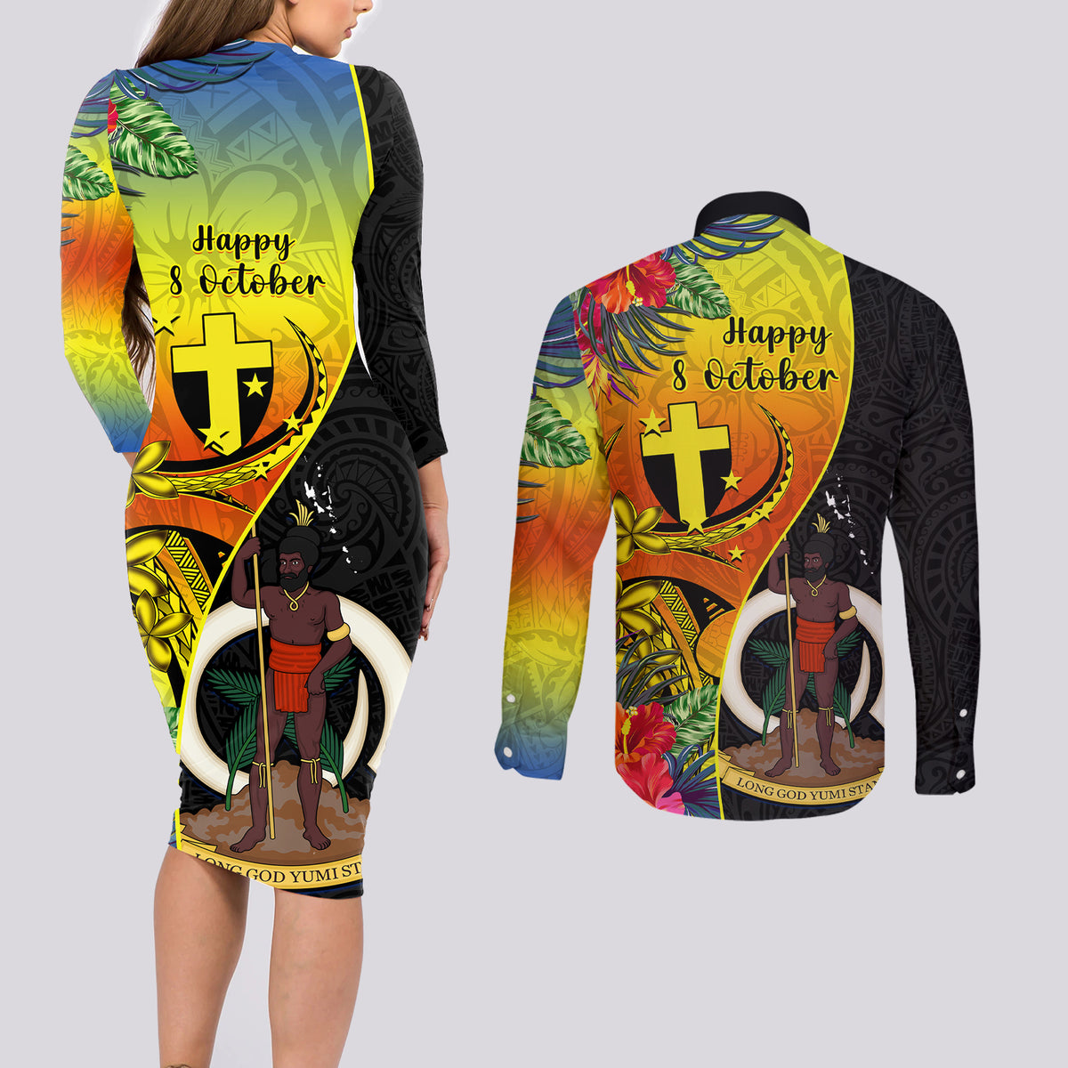 vanuatu-tafea-day-couples-matching-long-sleeve-bodycon-dress-and-long-sleeve-button-shirts-coat-of-arms-mix-tropical-flowers