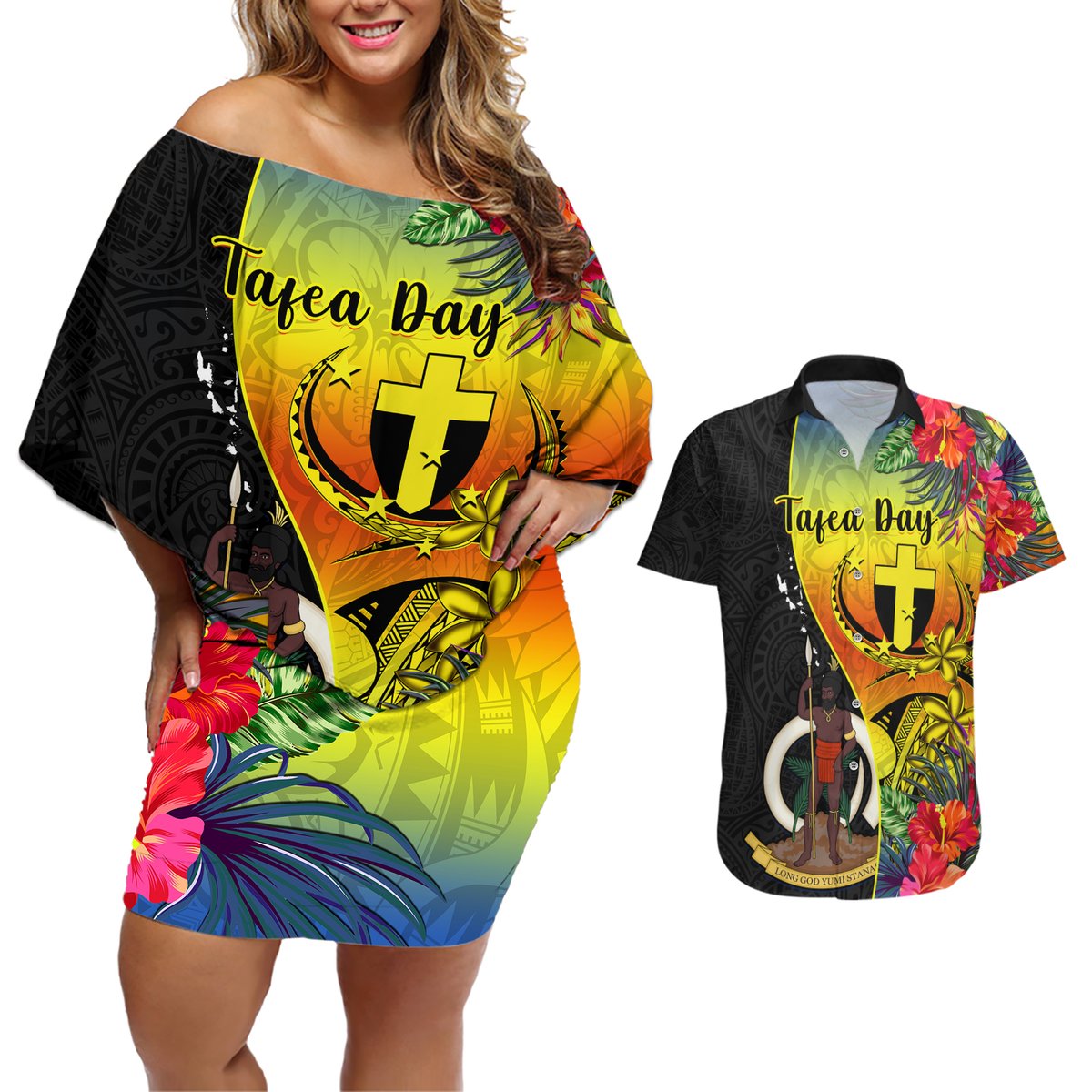 vanuatu-tafea-day-couples-matching-off-shoulder-short-dress-and-hawaiian-shirt-coat-of-arms-mix-tropical-flowers