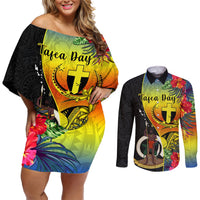 vanuatu-tafea-day-couples-matching-off-shoulder-short-dress-and-long-sleeve-button-shirts-coat-of-arms-mix-tropical-flowers