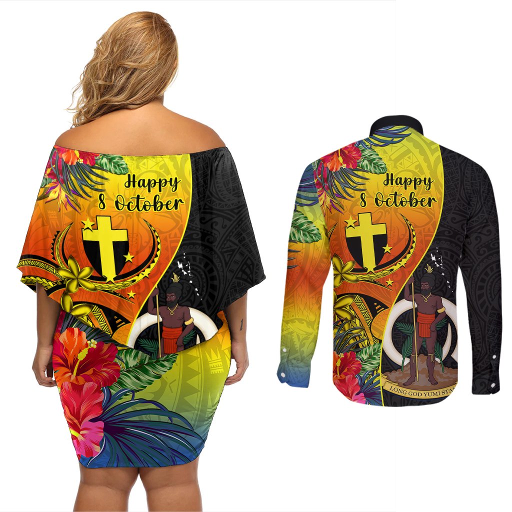 vanuatu-tafea-day-couples-matching-off-shoulder-short-dress-and-long-sleeve-button-shirts-coat-of-arms-mix-tropical-flowers