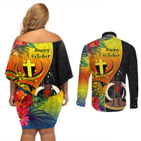 vanuatu-tafea-day-couples-matching-off-shoulder-short-dress-and-long-sleeve-button-shirts-coat-of-arms-mix-tropical-flowers