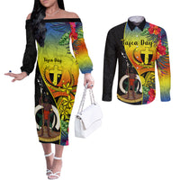 Vanuatu Tafea Day Couples Matching Off The Shoulder Long Sleeve Dress and Long Sleeve Button Shirts Coat Of Arms Mix Tropical Flowers LT14 Black - Polynesian Pride