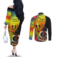 Vanuatu Tafea Day Couples Matching Off The Shoulder Long Sleeve Dress and Long Sleeve Button Shirts Coat Of Arms Mix Tropical Flowers LT14 - Polynesian Pride
