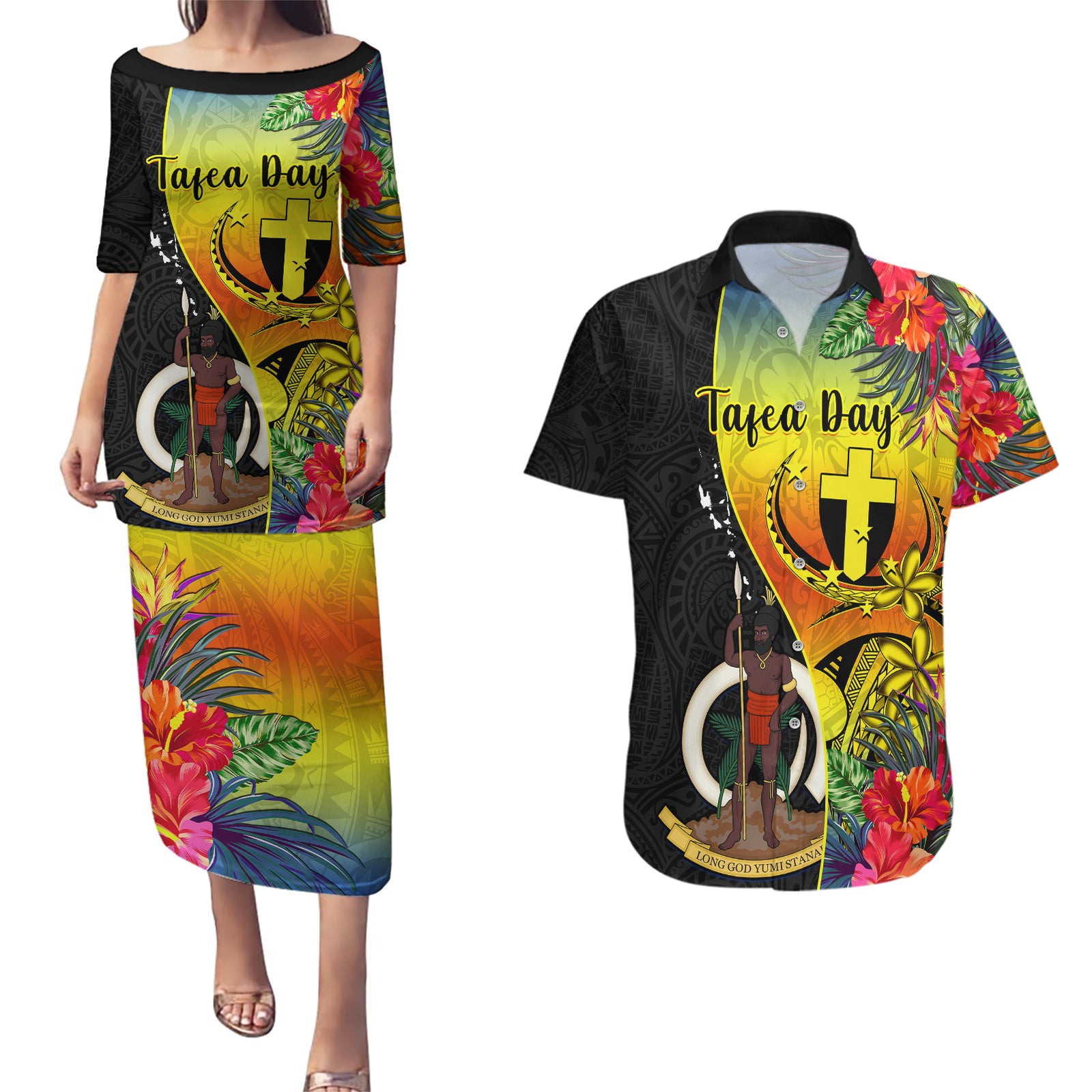 vanuatu-tafea-day-couples-matching-puletasi-dress-and-hawaiian-shirt-coat-of-arms-mix-tropical-flowers