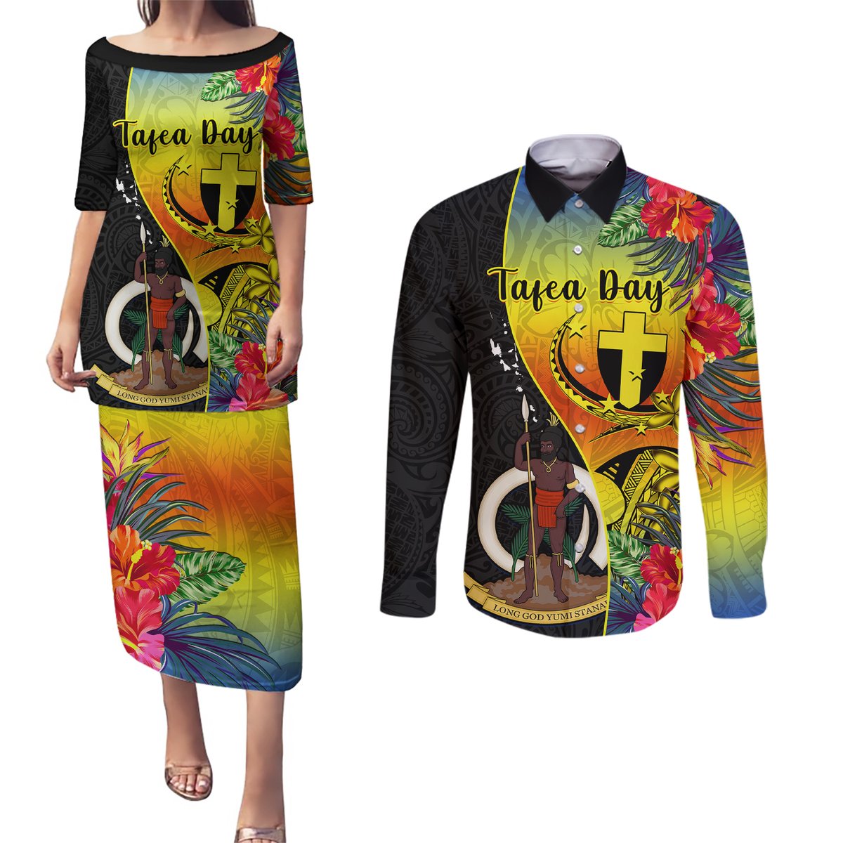 vanuatu-tafea-day-couples-matching-puletasi-dress-and-long-sleeve-button-shirts-coat-of-arms-mix-tropical-flowers