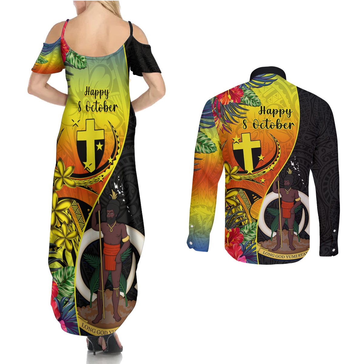 vanuatu-tafea-day-couples-matching-summer-maxi-dress-and-long-sleeve-button-shirts-coat-of-arms-mix-tropical-flowers