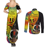 vanuatu-tafea-day-couples-matching-summer-maxi-dress-and-long-sleeve-button-shirts-coat-of-arms-mix-tropical-flowers