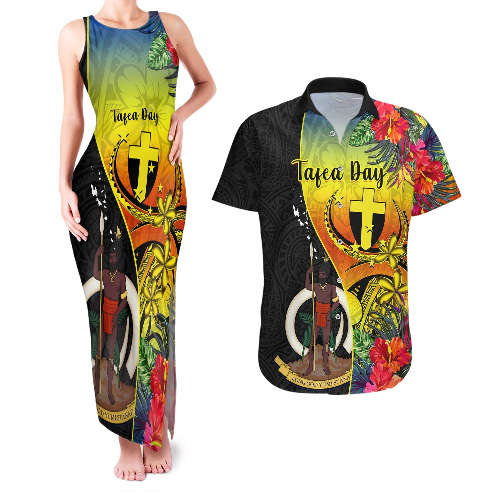 vanuatu-tafea-day-couples-matching-tank-maxi-dress-and-hawaiian-shirt-coat-of-arms-mix-tropical-flowers