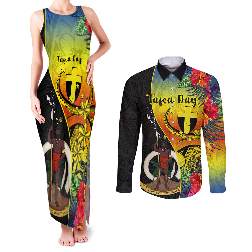 vanuatu-tafea-day-couples-matching-tank-maxi-dress-and-long-sleeve-button-shirts-coat-of-arms-mix-tropical-flowers