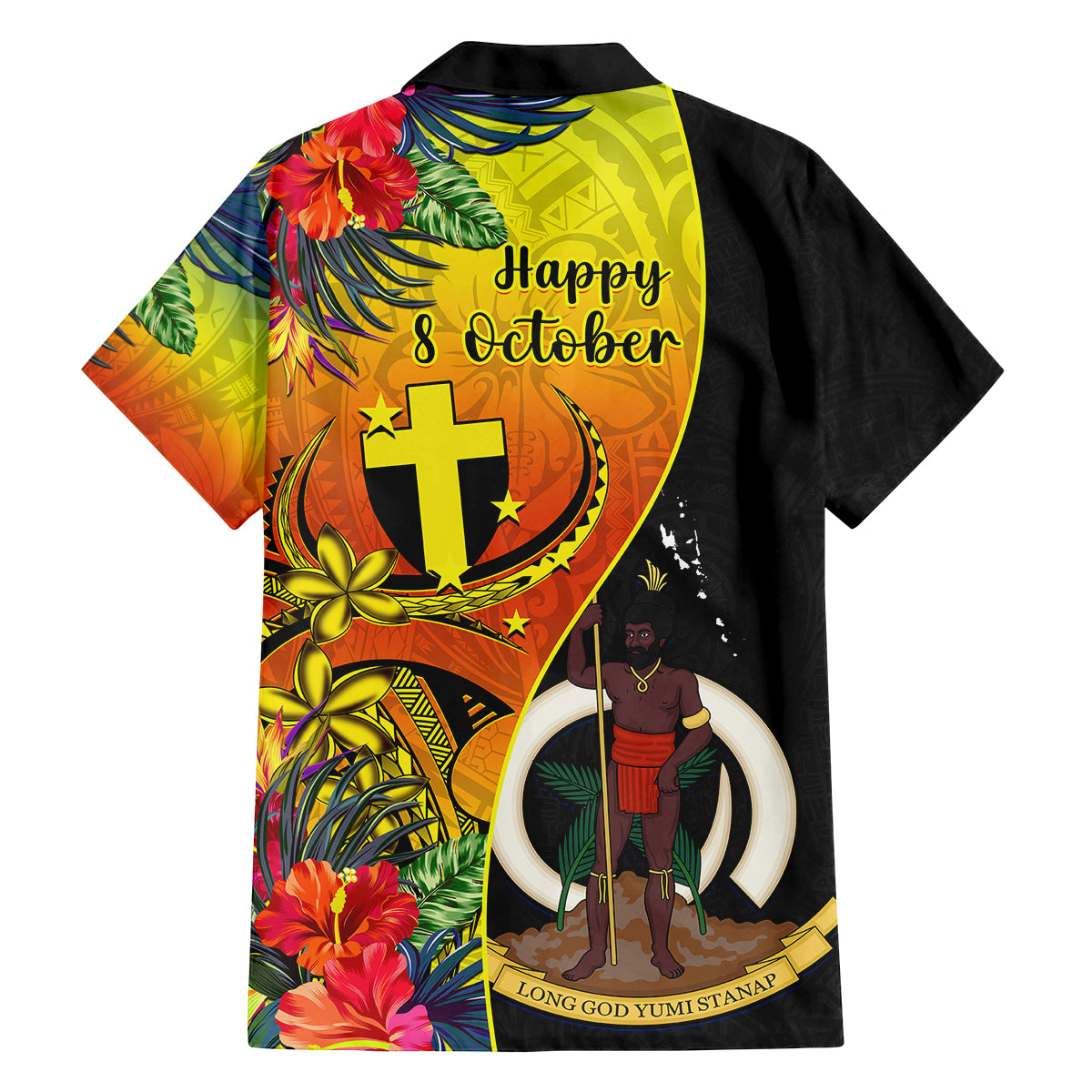 vanuatu-tafea-day-family-matching-off-shoulder-short-dress-and-hawaiian-shirt-coat-of-arms-mix-tropical-flowers