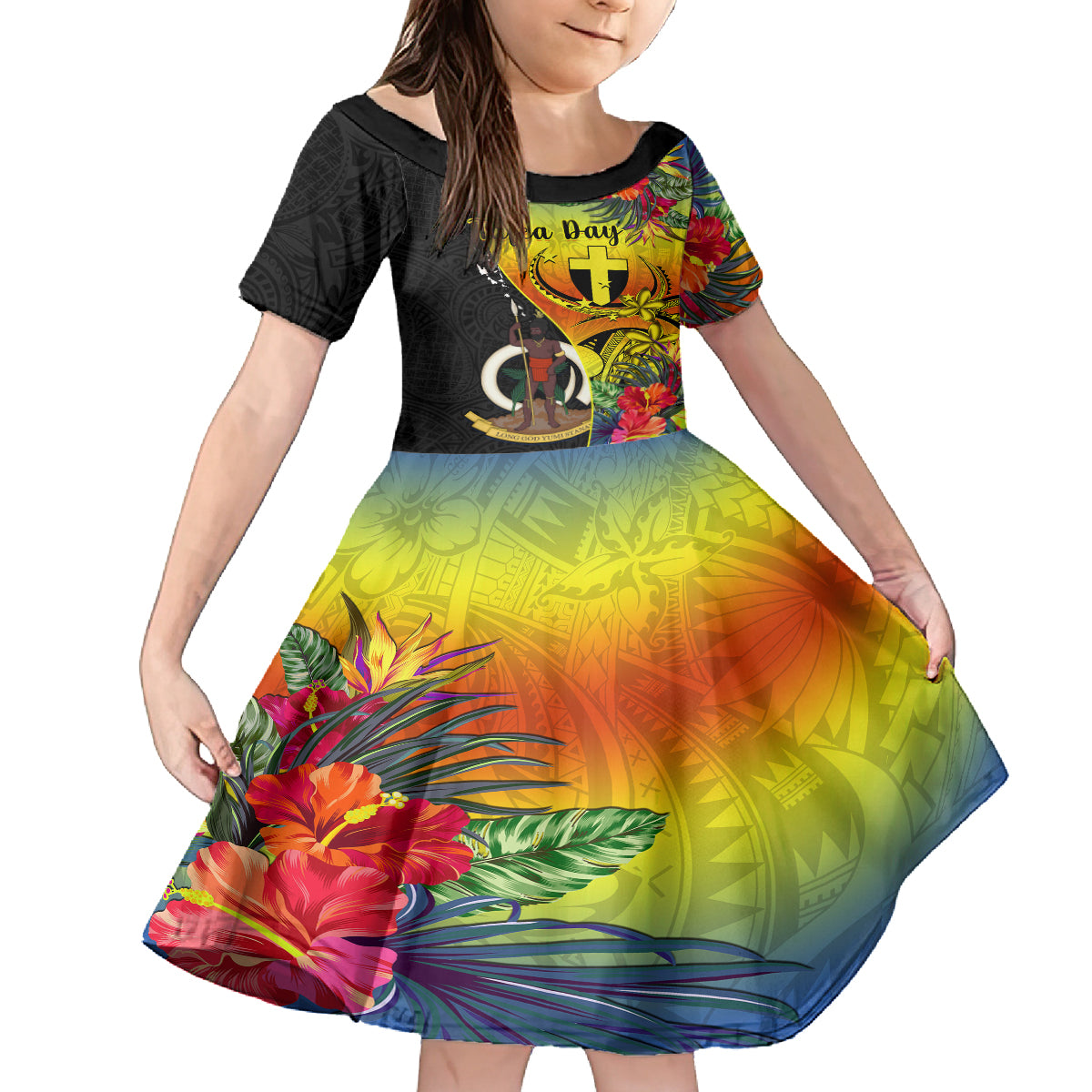 vanuatu-tafea-day-kid-short-sleeve-dress-coat-of-arms-mix-tropical-flowers