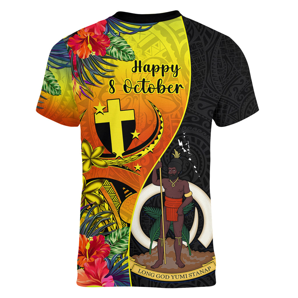 vanuatu-tafea-day-women-v-neck-t-shirt-coat-of-arms-mix-tropical-flowers