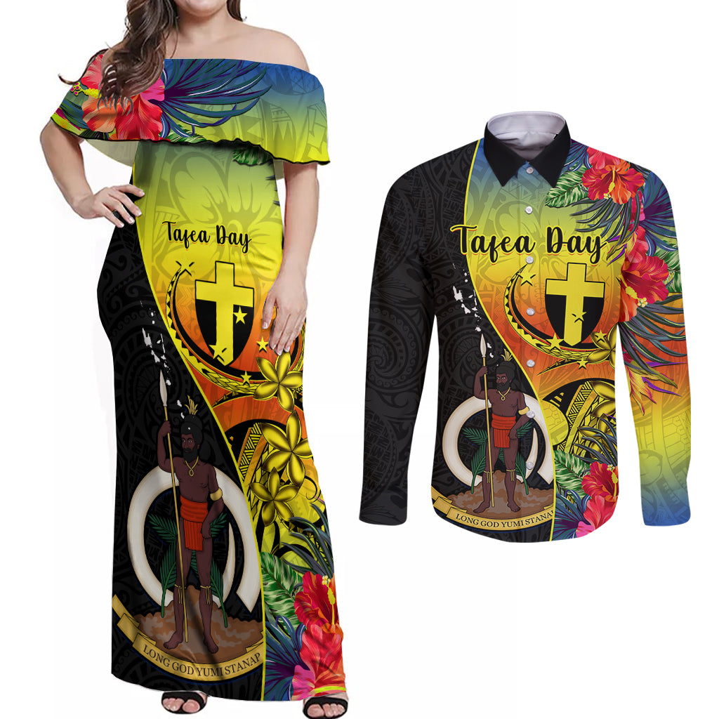 personalised-vanuatu-tafea-day-couples-matching-off-shoulder-maxi-dress-and-long-sleeve-button-shirts-coat-of-arms-mix-tropical-flowers