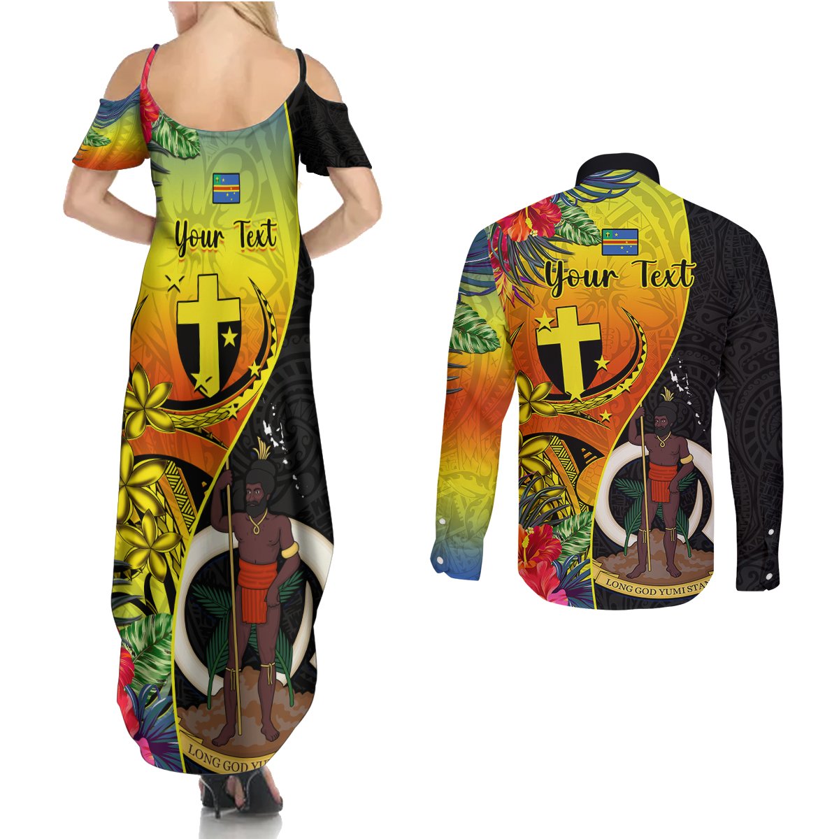 personalised-vanuatu-tafea-day-couples-matching-summer-maxi-dress-and-long-sleeve-button-shirts-coat-of-arms-mix-tropical-flowers