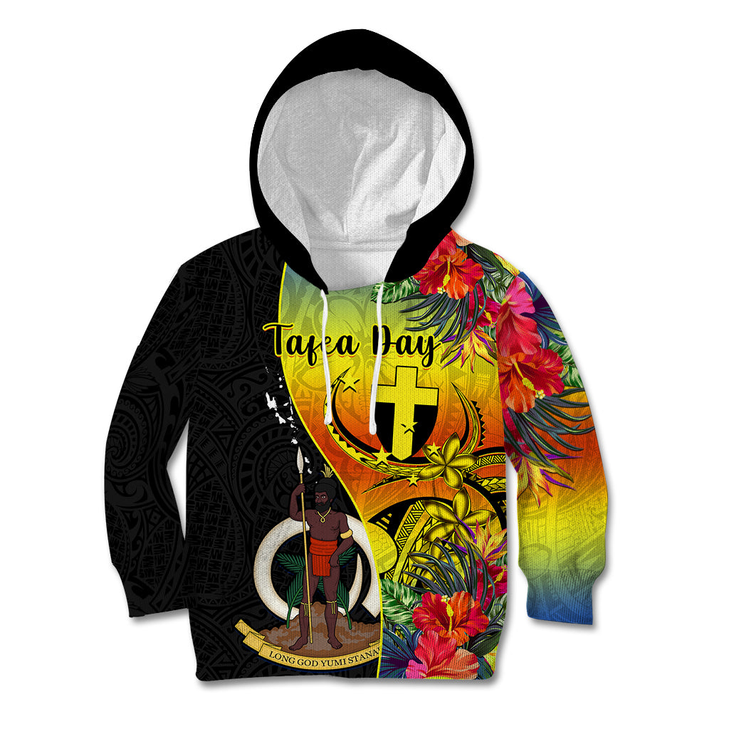 Personalised Vanuatu Tafea Day Kid Hoodie Coat Of Arms Mix Tropical Flowers LT14 Hoodie Black - Polynesian Pride