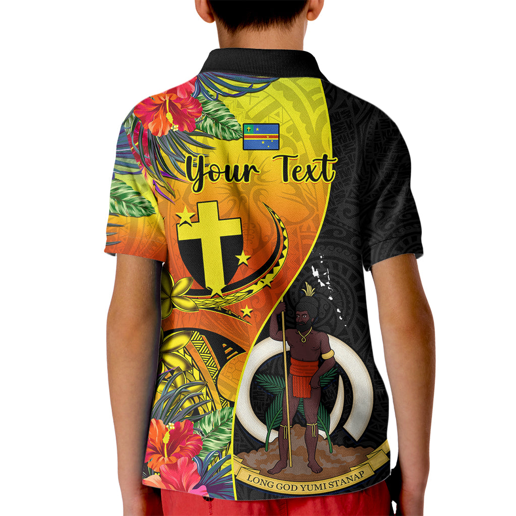 Personalised Vanuatu Tafea Day Kid Polo Shirt Coat Of Arms Mix Tropical Flowers LT14 - Polynesian Pride