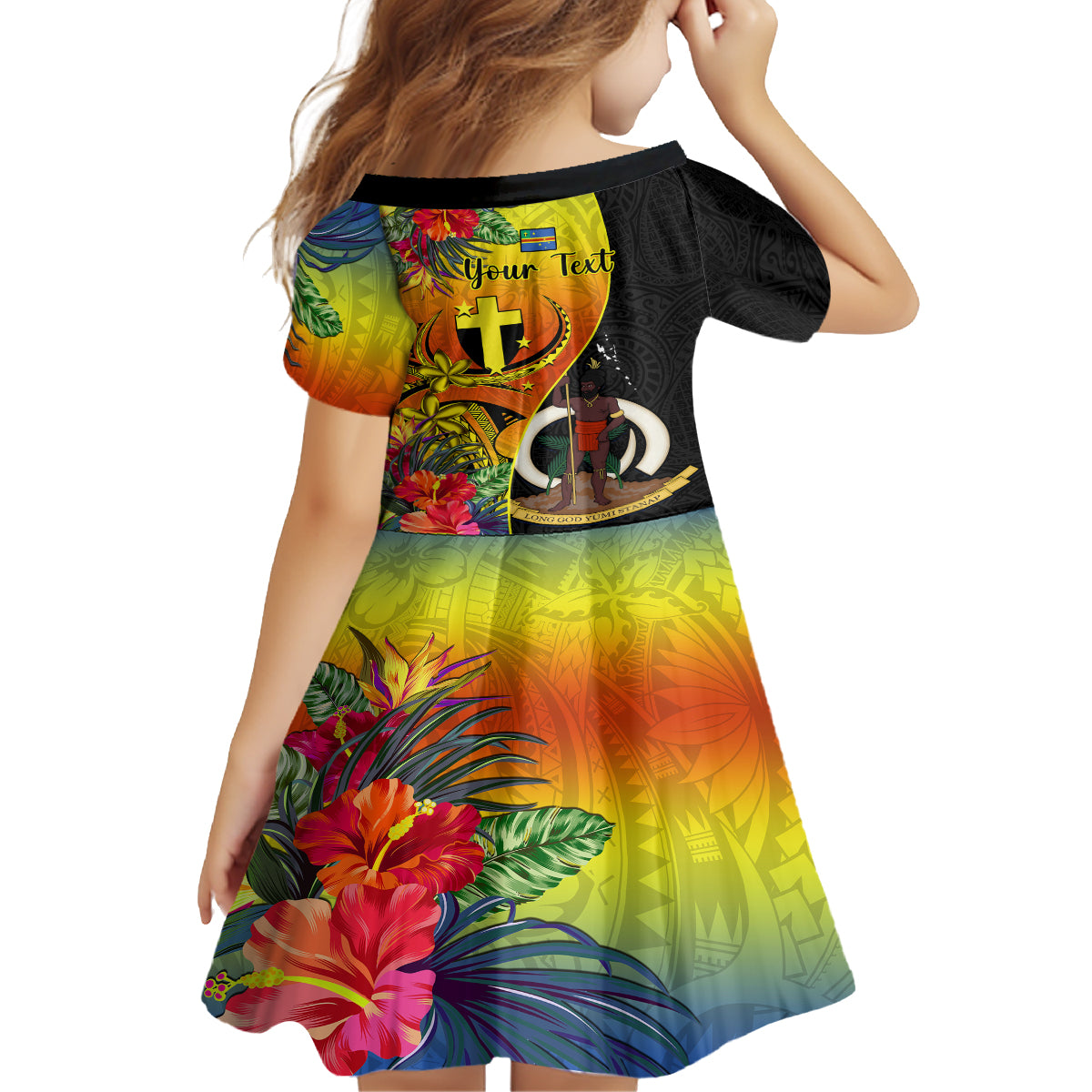 personalised-vanuatu-tafea-day-kid-short-sleeve-dress-coat-of-arms-mix-tropical-flowers