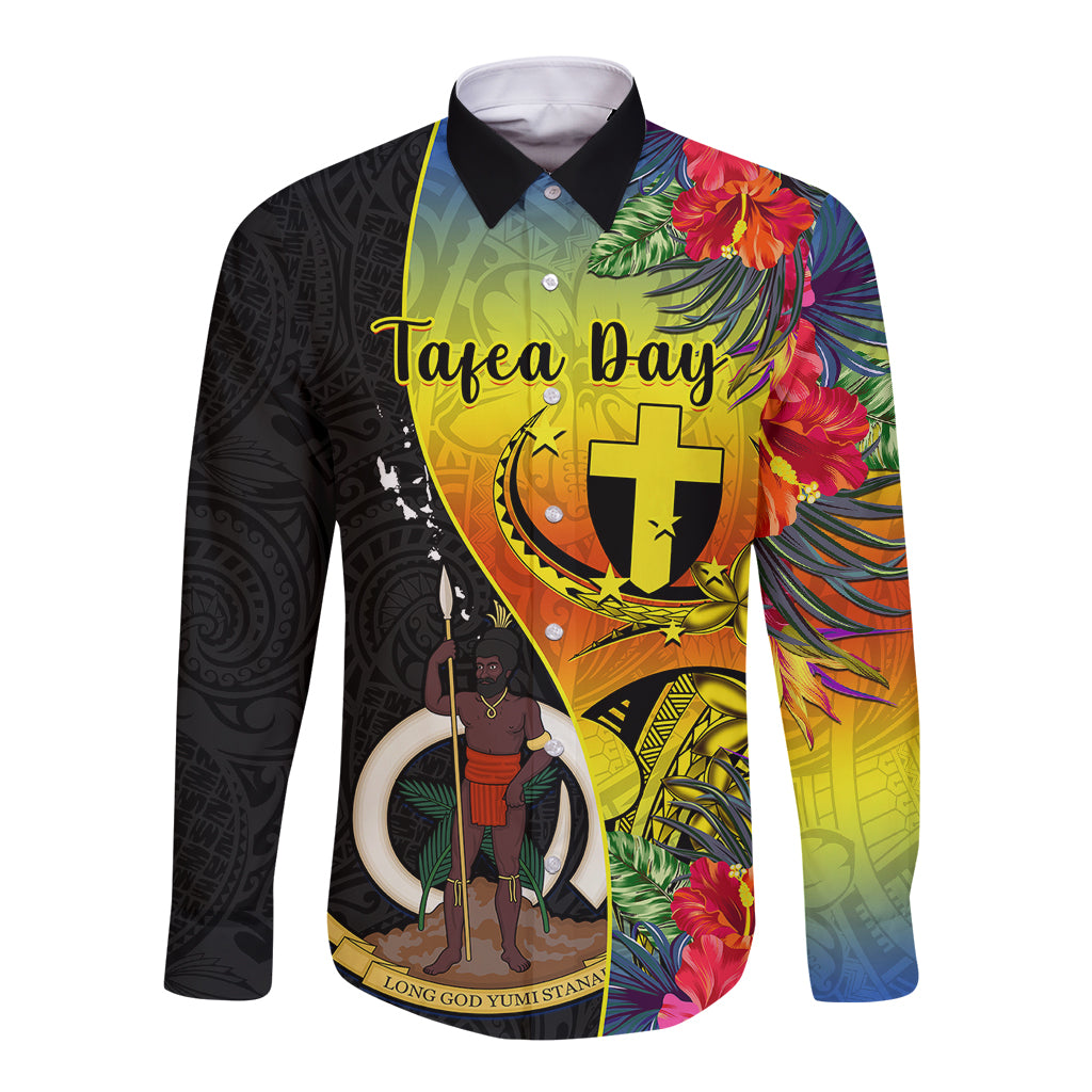 Personalised Vanuatu Tafea Day Long Sleeve Button Shirt Coat Of Arms Mix Tropical Flowers LT14 Unisex Black - Polynesian Pride