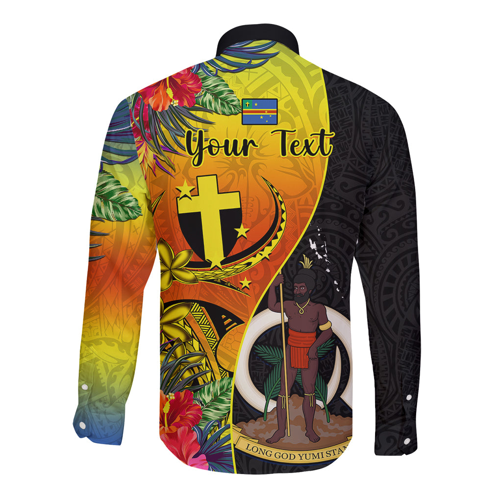 Personalised Vanuatu Tafea Day Long Sleeve Button Shirt Coat Of Arms Mix Tropical Flowers LT14 - Polynesian Pride