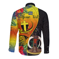 Personalised Vanuatu Tafea Day Long Sleeve Button Shirt Coat Of Arms Mix Tropical Flowers LT14 - Polynesian Pride