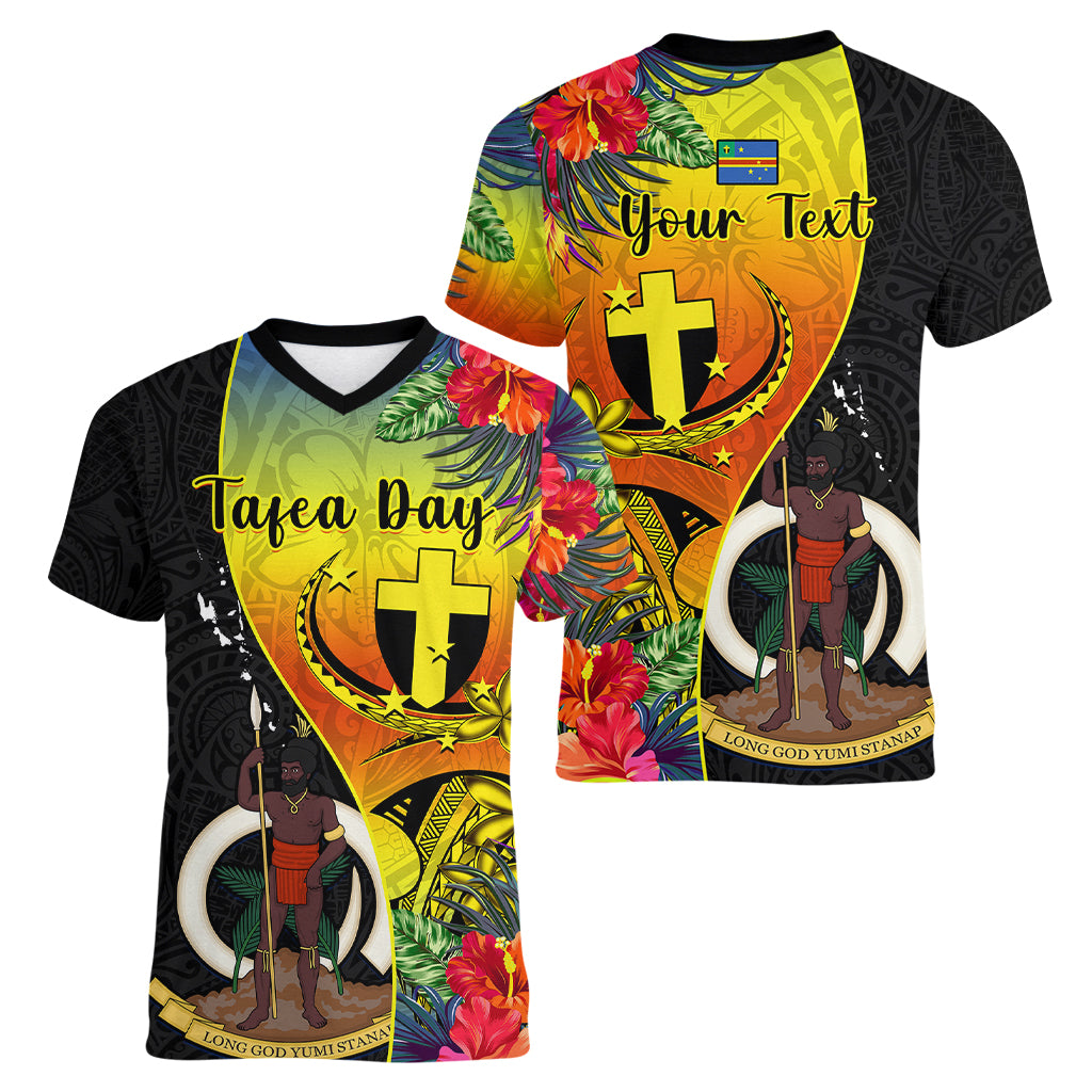 personalised-vanuatu-tafea-day-women-v-neck-t-shirt-coat-of-arms-mix-tropical-flowers