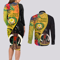 vanuatu-torba-day-couples-matching-long-sleeve-bodycon-dress-and-long-sleeve-button-shirts-coat-of-arms-mix-tropical-flowers
