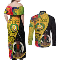 vanuatu-torba-day-couples-matching-off-shoulder-maxi-dress-and-long-sleeve-button-shirts-coat-of-arms-mix-tropical-flowers