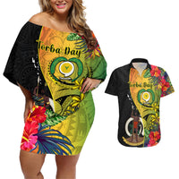 vanuatu-torba-day-couples-matching-off-shoulder-short-dress-and-hawaiian-shirt-coat-of-arms-mix-tropical-flowers