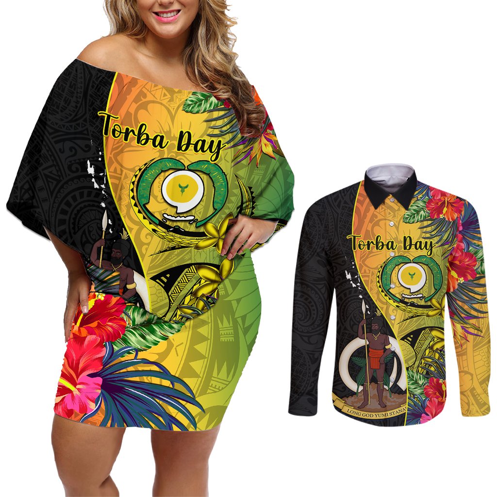 vanuatu-torba-day-couples-matching-off-shoulder-short-dress-and-long-sleeve-button-shirts-coat-of-arms-mix-tropical-flowers