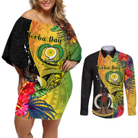 vanuatu-torba-day-couples-matching-off-shoulder-short-dress-and-long-sleeve-button-shirts-coat-of-arms-mix-tropical-flowers
