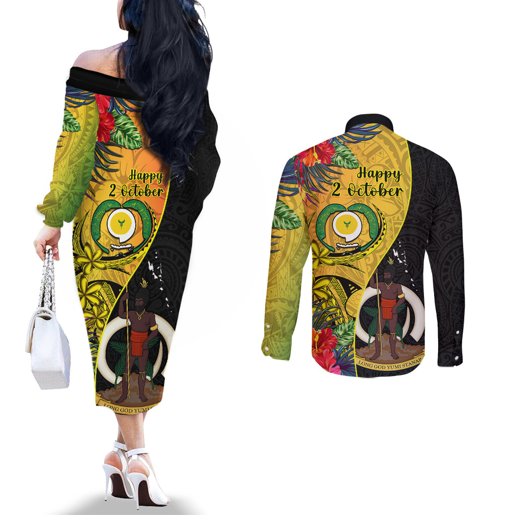 vanuatu-torba-day-couples-matching-off-the-shoulder-long-sleeve-dress-and-long-sleeve-button-shirts-coat-of-arms-mix-tropical-flowers