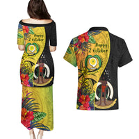 Vanuatu Torba Day Couples Matching Puletasi Dress and Hawaiian Shirt Coat Of Arms Mix Tropical Flowers LT14 - Polynesian Pride