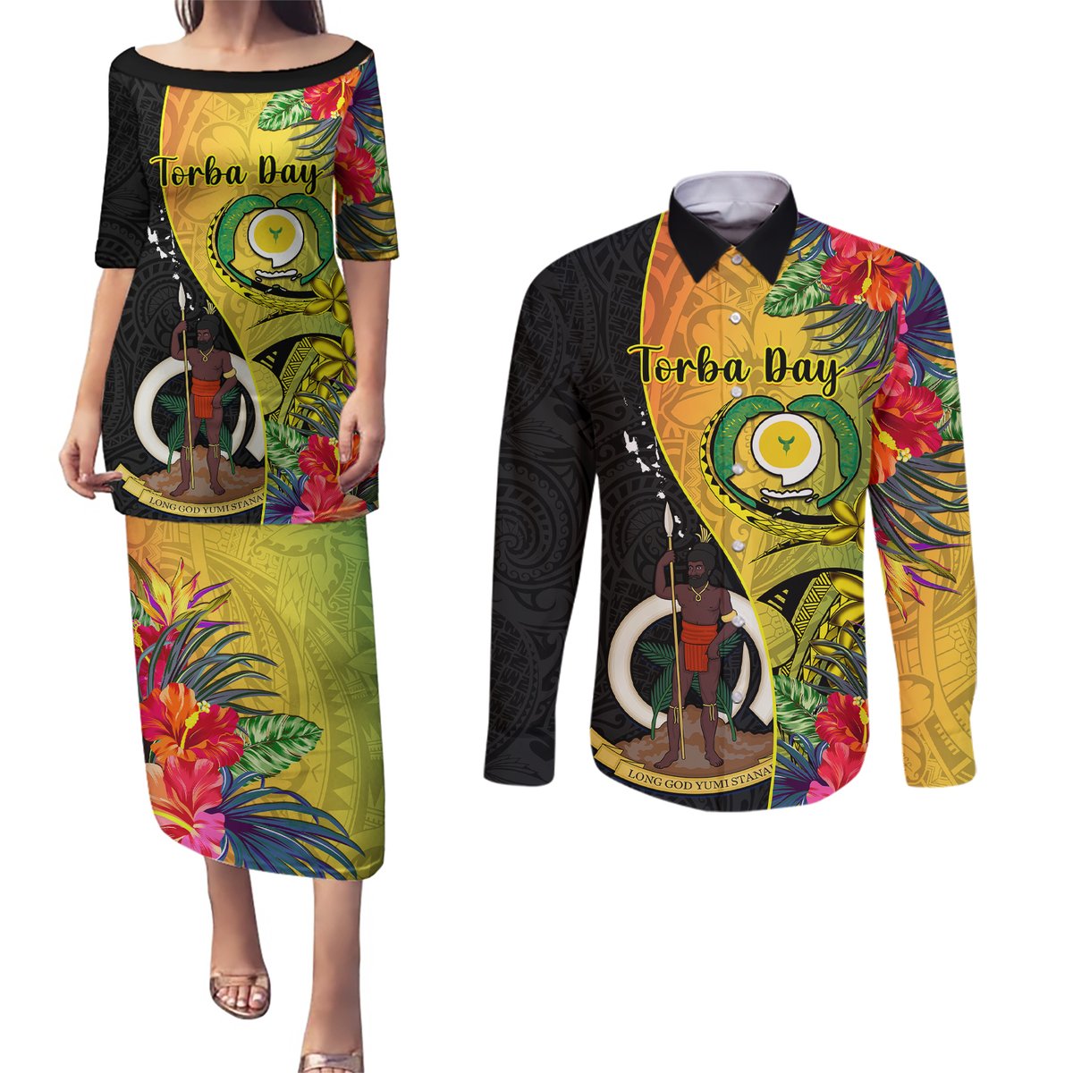 vanuatu-torba-day-couples-matching-puletasi-dress-and-long-sleeve-button-shirts-coat-of-arms-mix-tropical-flowers