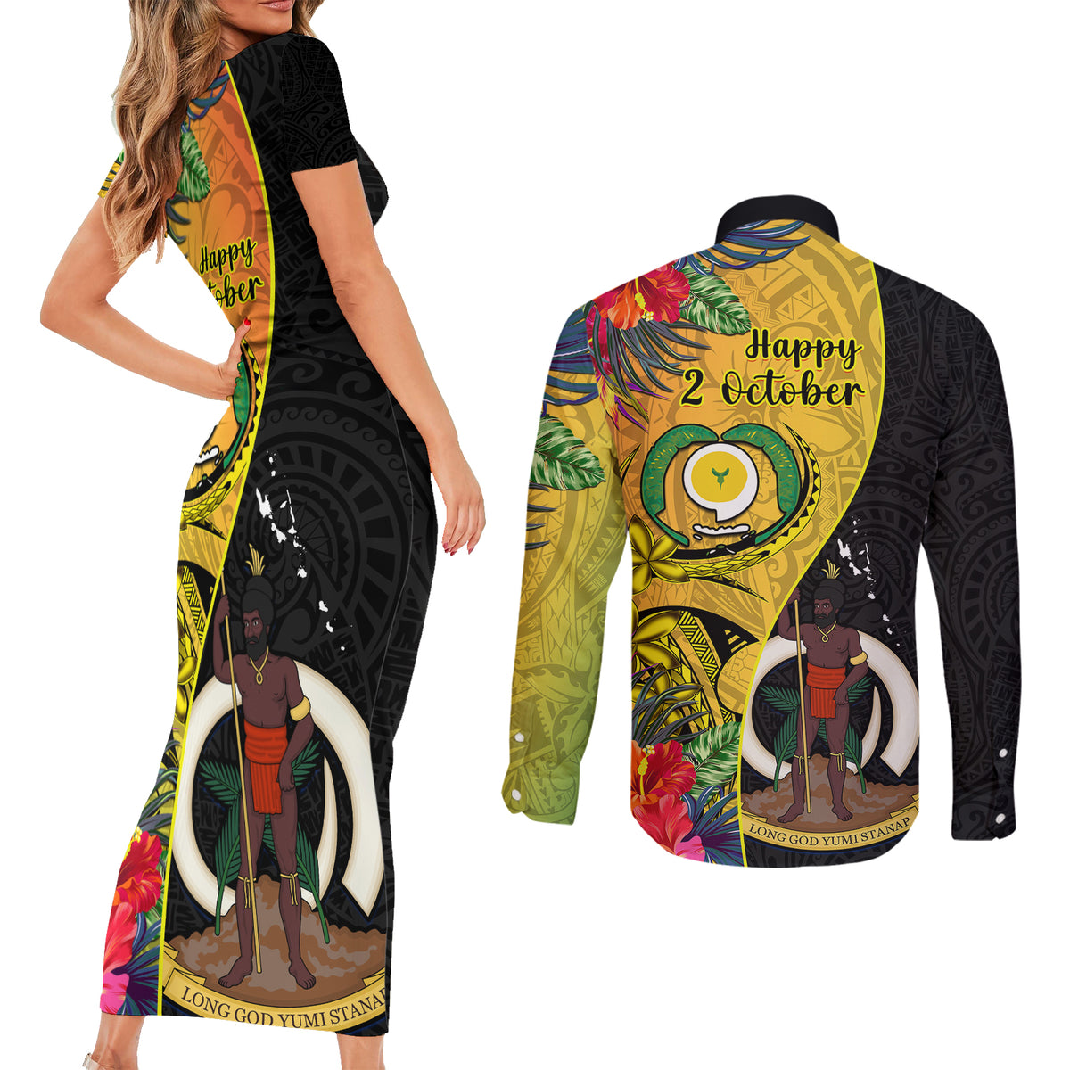 vanuatu-torba-day-couples-matching-short-sleeve-bodycon-dress-and-long-sleeve-button-shirts-coat-of-arms-mix-tropical-flowers