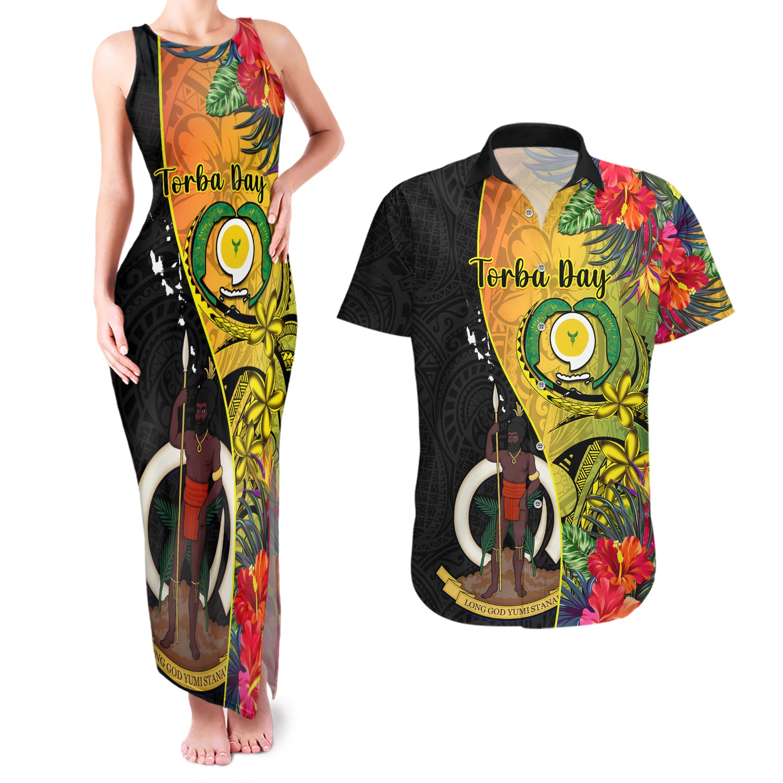 vanuatu-torba-day-couples-matching-tank-maxi-dress-and-hawaiian-shirt-coat-of-arms-mix-tropical-flowers
