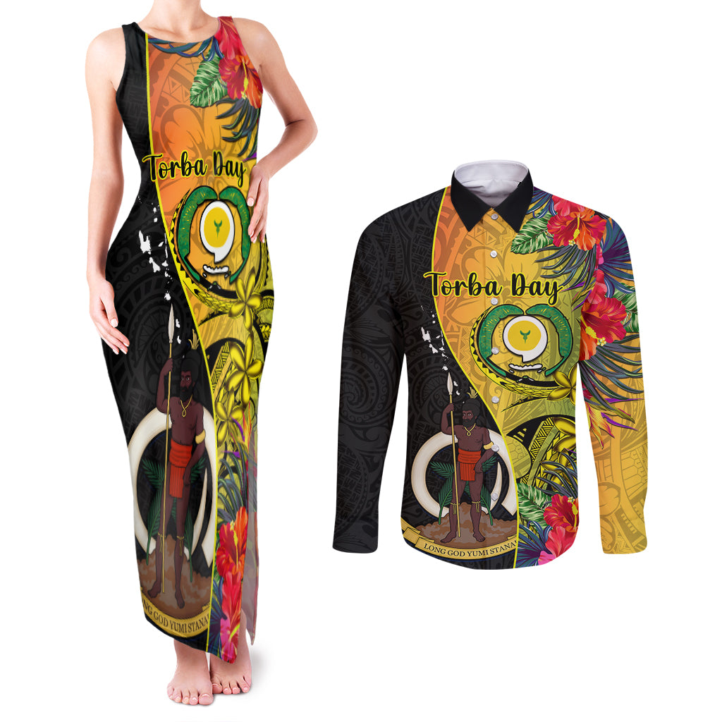 vanuatu-torba-day-couples-matching-tank-maxi-dress-and-long-sleeve-button-shirts-coat-of-arms-mix-tropical-flowers