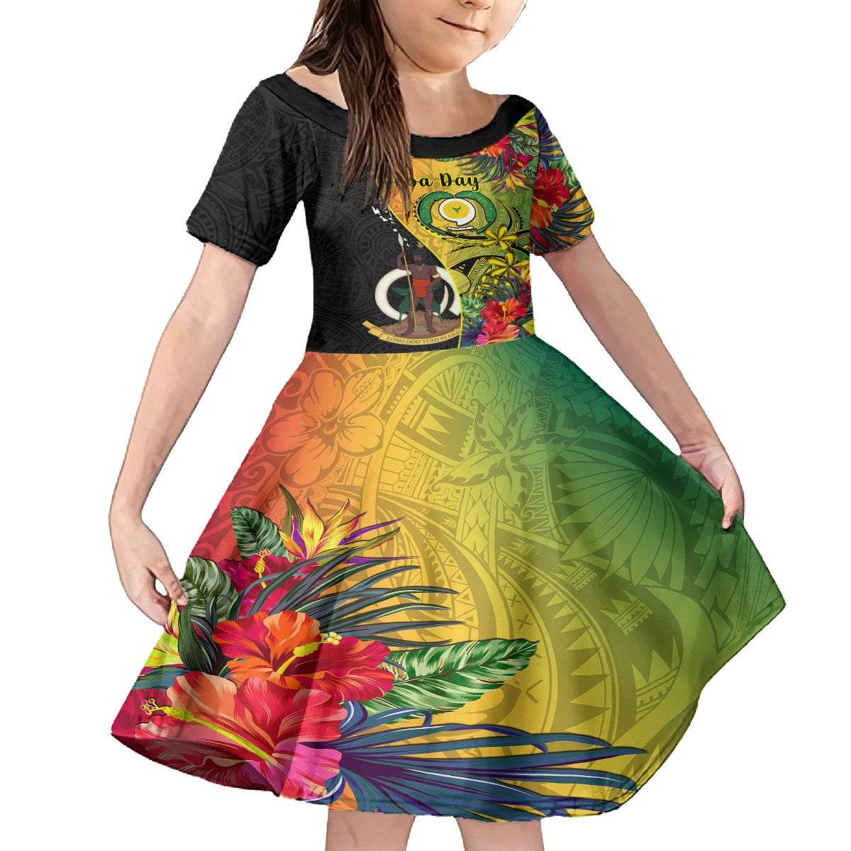 vanuatu-torba-day-kid-short-sleeve-dress-coat-of-arms-mix-tropical-flowers