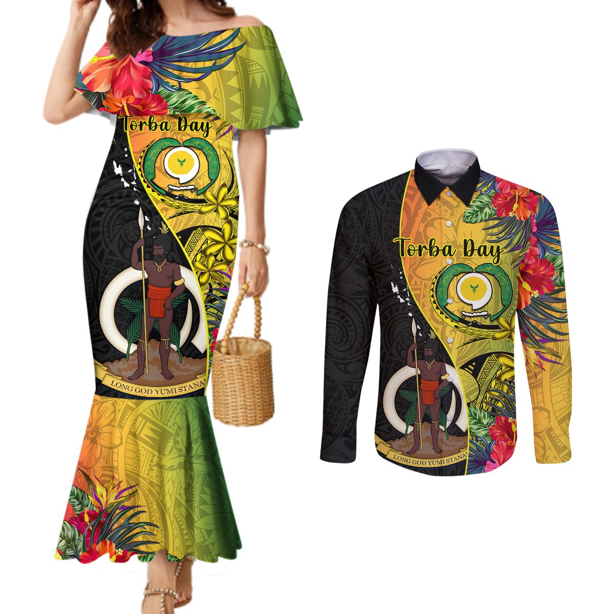 personalised-vanuatu-torba-day-couples-matching-mermaid-dress-and-long-sleeve-button-shirts-coat-of-arms-mix-tropical-flowers
