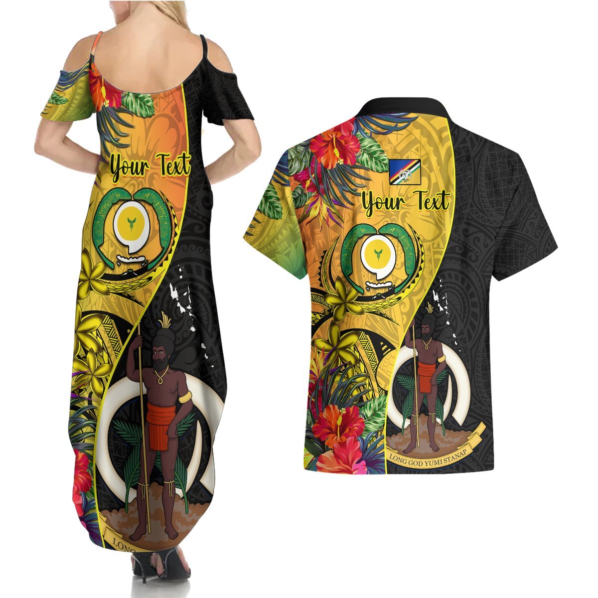 Personalised Vanuatu Torba Day Couples Matching Summer Maxi Dress and Hawaiian Shirt Coat Of Arms Mix Tropical Flowers LT14 - Polynesian Pride
