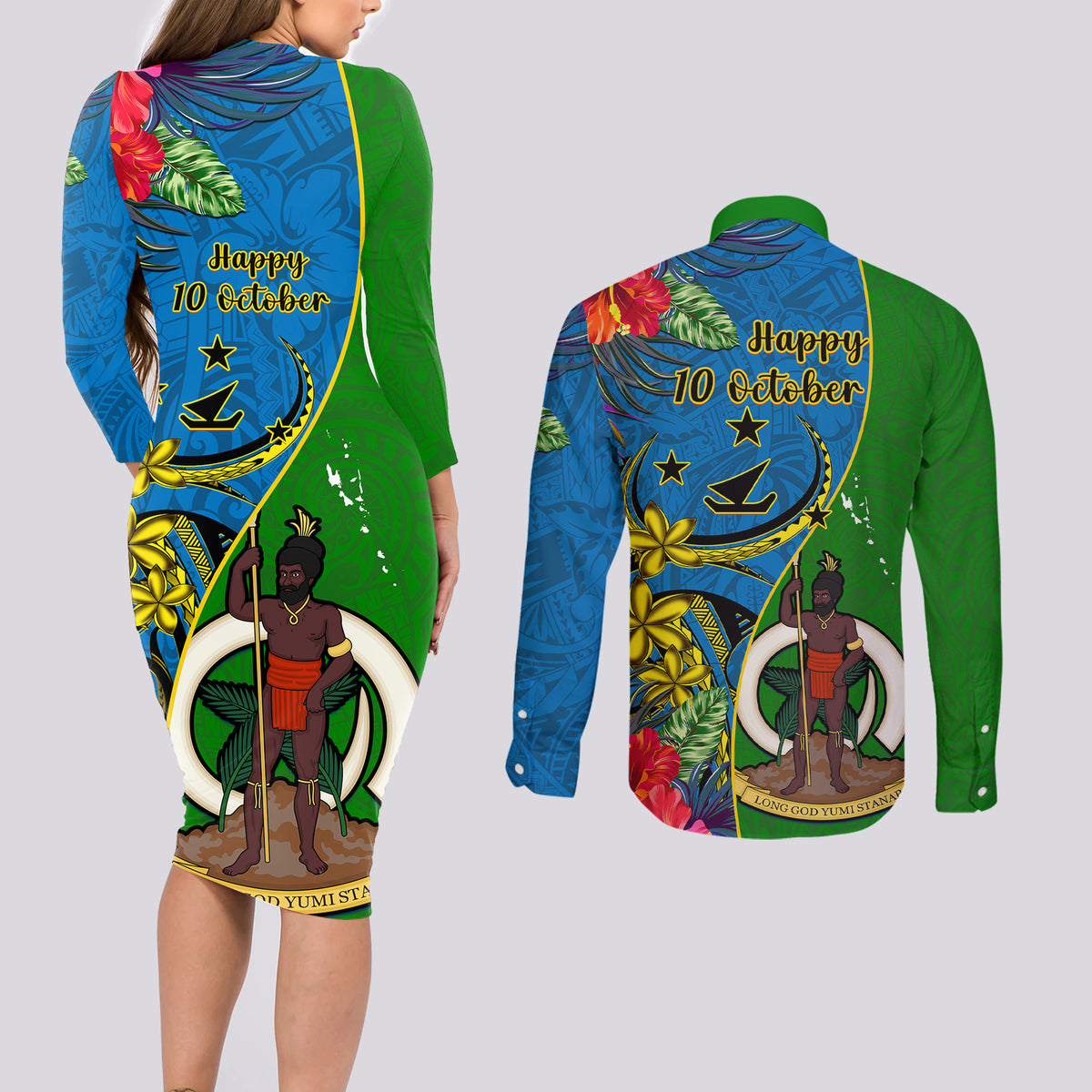vanuatu-malampa-day-couples-matching-long-sleeve-bodycon-dress-and-long-sleeve-button-shirts-coat-of-arms-mix-tropical-flowers