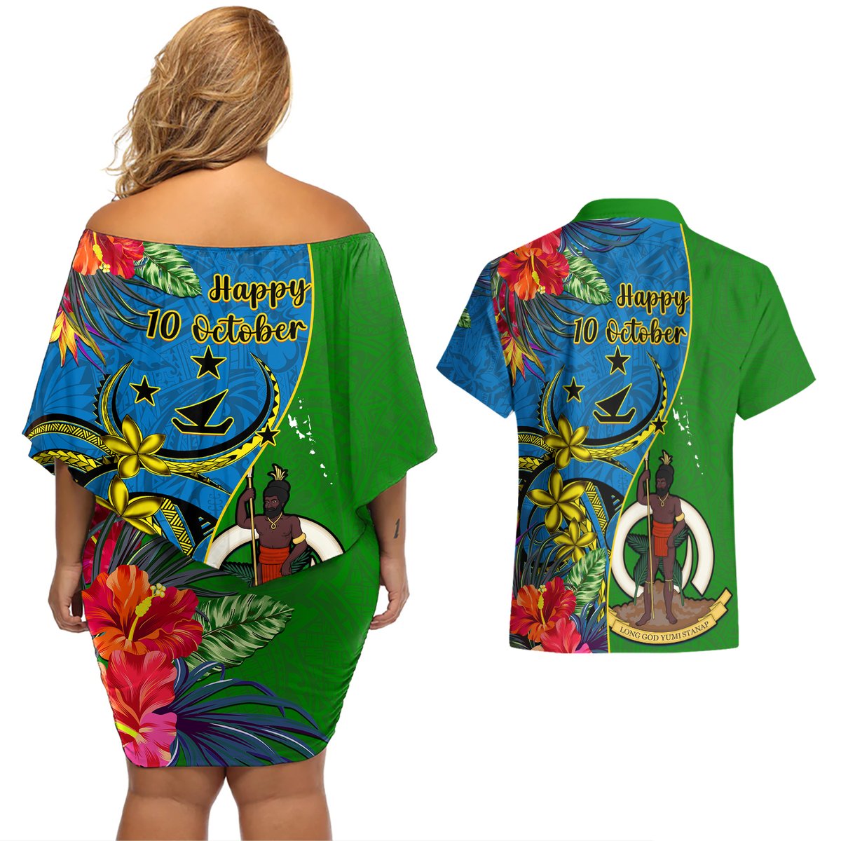 vanuatu-malampa-day-couples-matching-off-shoulder-short-dress-and-hawaiian-shirt-coat-of-arms-mix-tropical-flowers
