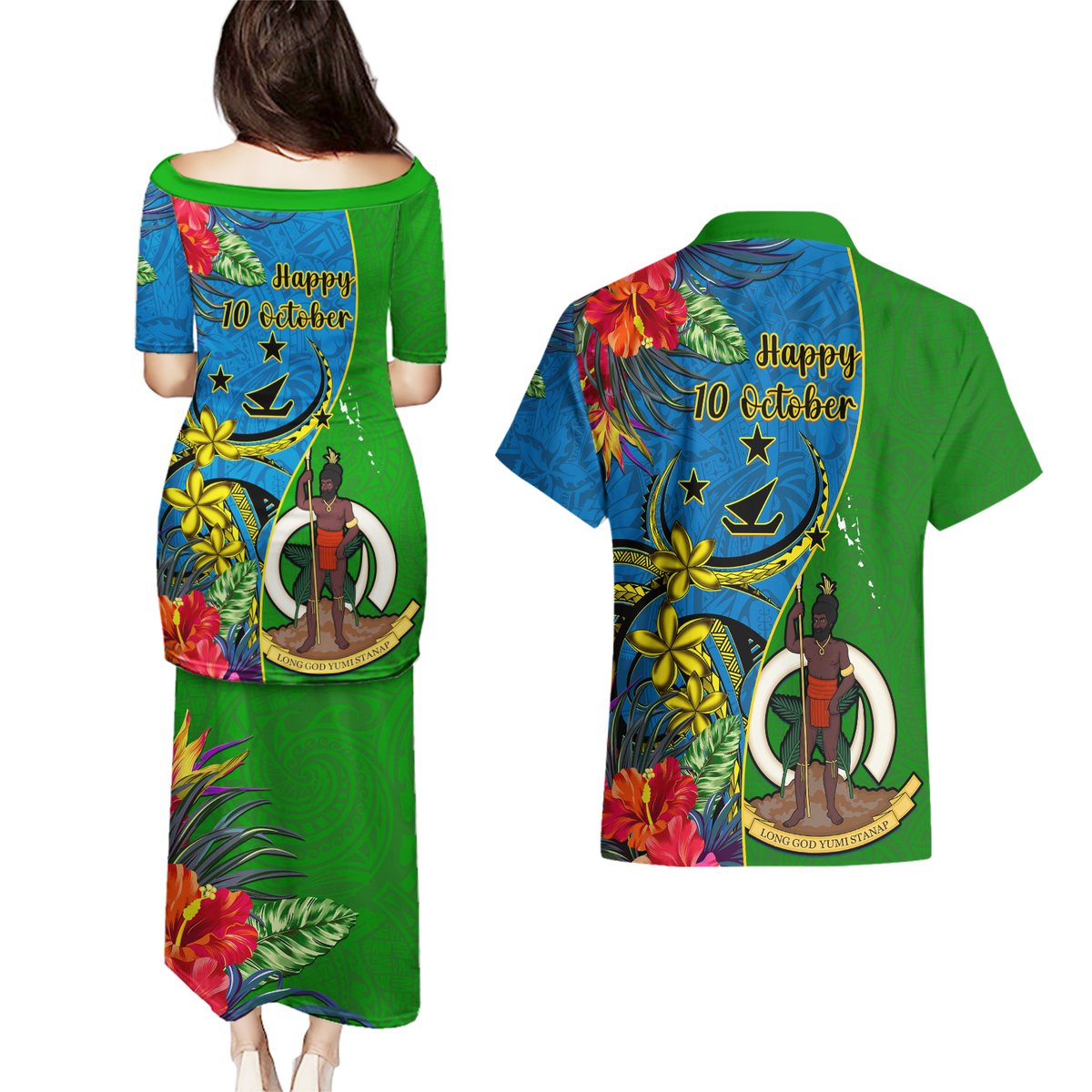 vanuatu-malampa-day-couples-matching-puletasi-dress-and-hawaiian-shirt-coat-of-arms-mix-tropical-flowers