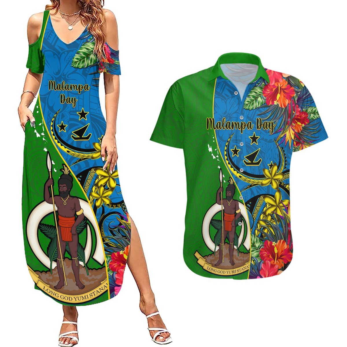 vanuatu-malampa-day-couples-matching-summer-maxi-dress-and-hawaiian-shirt-coat-of-arms-mix-tropical-flowers