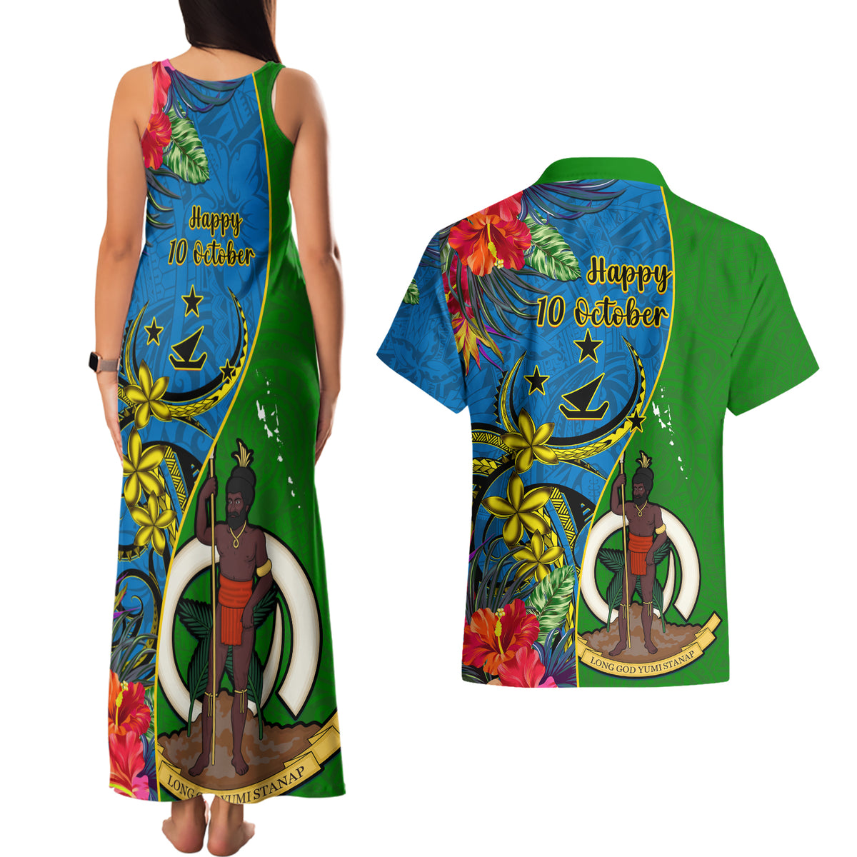vanuatu-malampa-day-couples-matching-tank-maxi-dress-and-hawaiian-shirt-coat-of-arms-mix-tropical-flowers