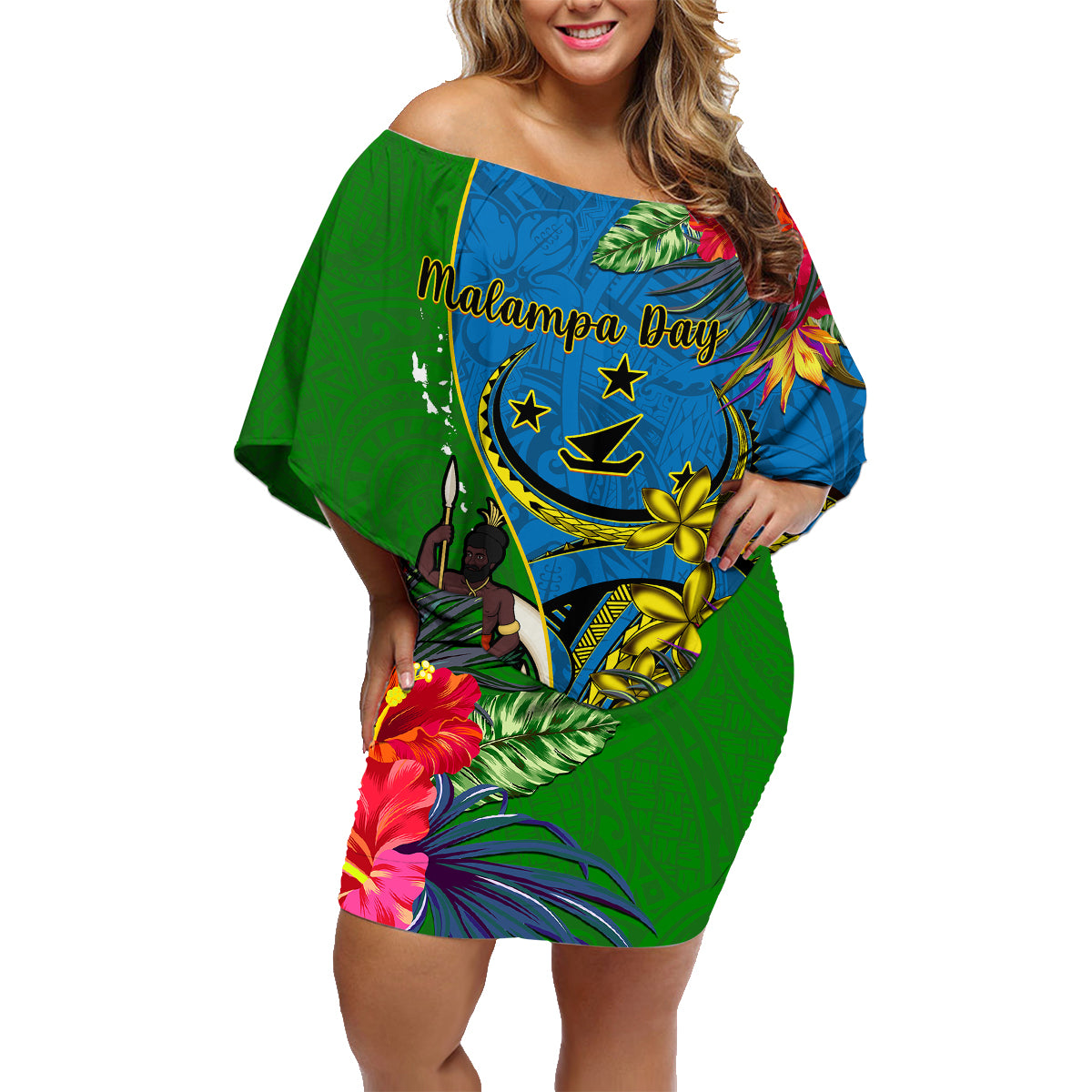 vanuatu-malampa-day-family-matching-off-shoulder-short-dress-and-hawaiian-shirt-coat-of-arms-mix-tropical-flowers
