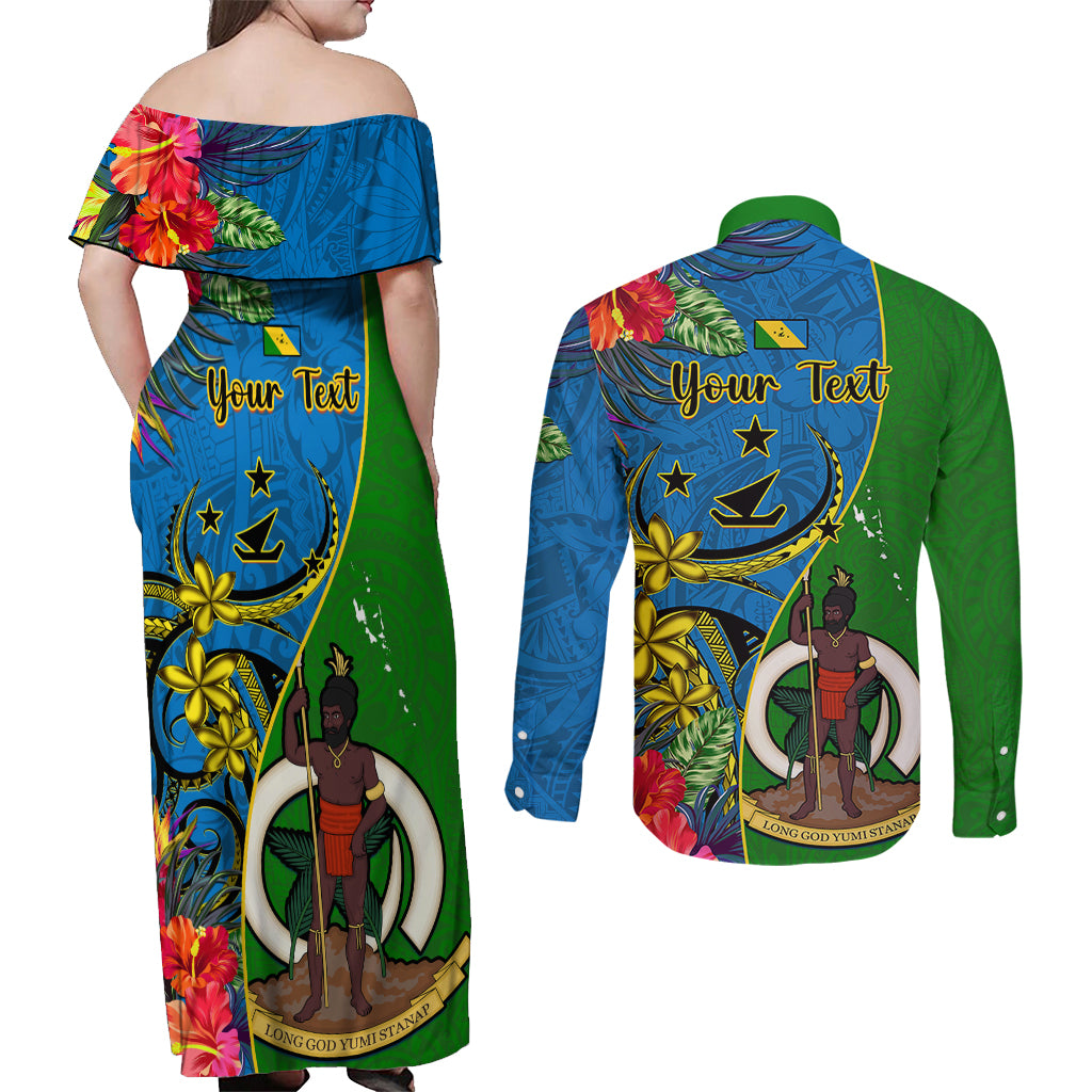 Personalised Vanuatu Malampa Day Couples Matching Off Shoulder Maxi Dress and Long Sleeve Button Shirts Coat Of Arms Mix Tropical Flowers LT14 - Polynesian Pride