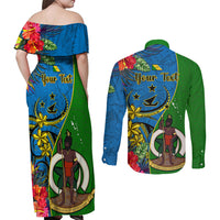 Personalised Vanuatu Malampa Day Couples Matching Off Shoulder Maxi Dress and Long Sleeve Button Shirts Coat Of Arms Mix Tropical Flowers LT14 - Polynesian Pride